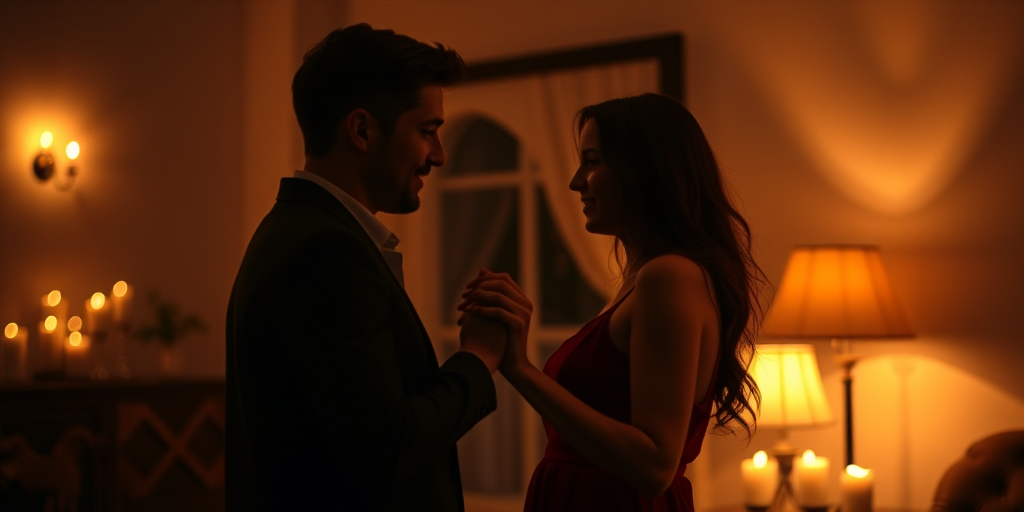 Warm, intimate photo of a couple dancing in a dimly lit room, soft light from a nearby lamp casting warm shadows on the walls, their hands intertwined, the smell of candles and the distant sound of soft music filling the air, a sense of romance and closeness captured.