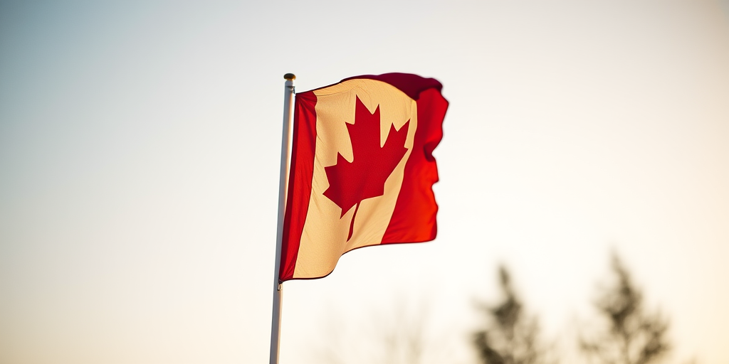 Create an image of a Canadian flag waving in a gentle breeze, shot with a Canon EOS R5, 50mm lens, aperture f/2.8, ISO 100, at a crisp morning light setting, using a shallow depth of field to focus on the flag while softly blurring the background.