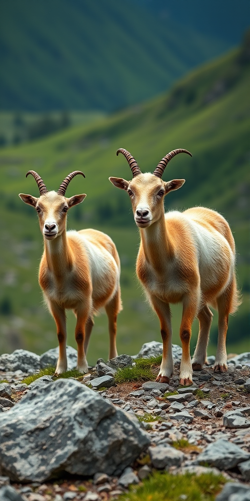 generate a high-resolution image of two mountain goats standing on rocky terrain with a lush green valley in the background captured with a Canon EOS R5, 50mm lens, f/2.8 aperture, ISO 100, with a soft focus on the goats and a sharp background for depth.