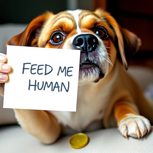 dog holding a note which says "FEED ME HUMAN"