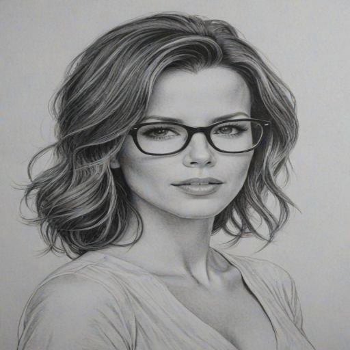 Captivating Kate Beckinsale, pencil sketch, portrait of Pleasing woman 1958s in glasses, hair style beatnik, outline, clear lines, fine lines, 8k
