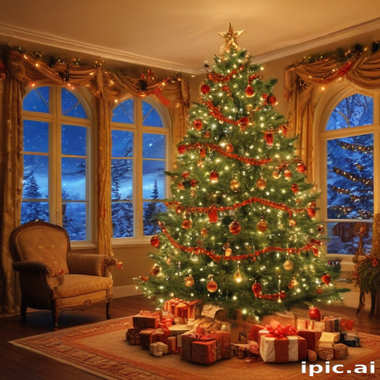 Cozy Christmas Scene Featuring a Beautifully Decorated Tree and Gifts