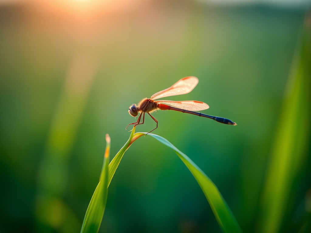 Softly focused close-up of a dragonfly resting on a blade of grass at dawn, soft morning light catching the delicate wings, with vibrant green and blue hues in the background blending into a peaceful atmosphere.