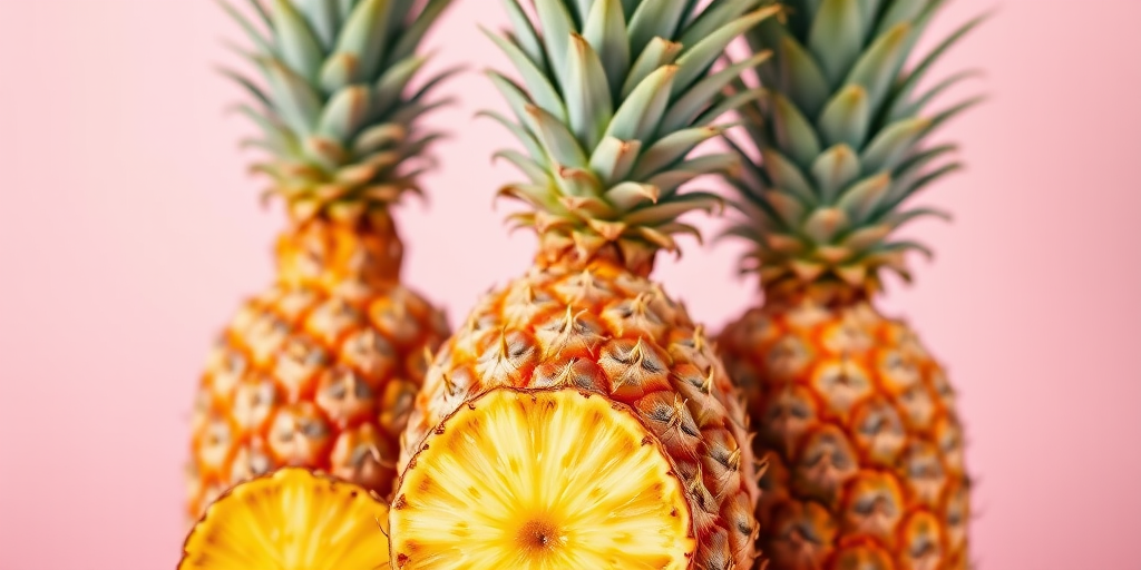 Create a vibrant illustration of pineapples with varying sizes and a soft pastel background, using a Canon EOS R5 camera at f/2.8, ISO 100, with a shallow depth of field and a macro lens.