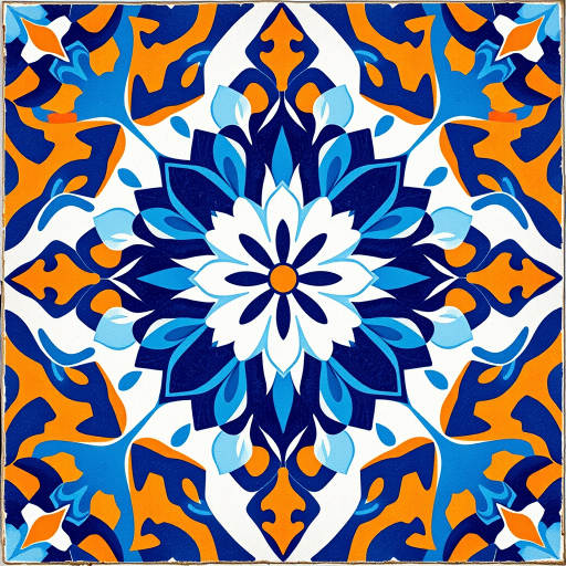 Create a vibrant geometric tile design featuring a large floral pattern at the center with a blue and white color scheme, complemented by orange accents, captured in high resolution with a DSLR camera, 50mm lens, f/1.8 aperture, and a top-down view for clarity and detail.