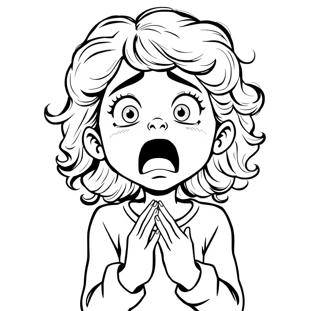 The image is a black and white illustration of a young girl with curly hair. She has a surprised expression on her face with her mouth open and her hands clasped together in front of her chest. Her eyes are wide and her eyebrows are furrowed. Her hair is styled in loose curls that are cascading down her back. The overall mood of the image is one of shock or surprise.