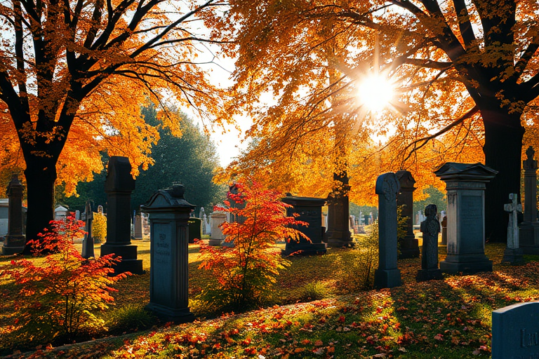 autumn cemetery scene with vibrant orange and yellow leaves, soft sunlight filtering through trees, depth of field, 50mm lens, f/1.8 aperture, ISO 100, shot on a DSLR camera at golden hour