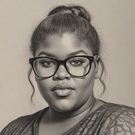 Alluring Gabourey Sidibe, pencil sketch, portrait of Alluring woman 1974s in glasses, hair style beatnik, outline, clear lines, fine lines, 8k