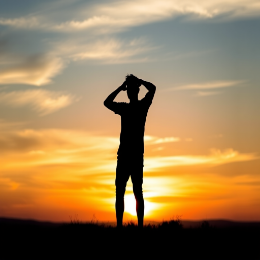 Generate a high-quality image of a silhouette of a person standing in a contemplative pose against a sunset background, captured with a DSLR camera at f/5.6 aperture, 1/200 shutter speed, ISO 200, with a 50mm lens in portrait orientation.