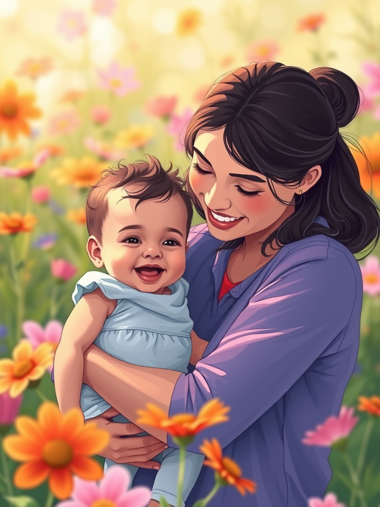Create a colorful illustration of a mother gently holding her baby, both smiling contently, surrounded by vibrant flowers in a soft-focus background, using a Canon EOS R5 with a 50mm f/1.2 lens, aperture set to f/2.8, ISO 100, and natural light for a warm glow.