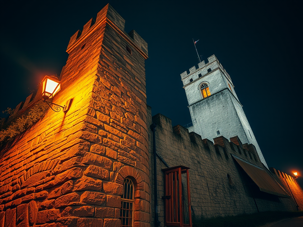 Capture an atmospheric nighttime scene of a medieval stone wall and tower with a warm glowing lantern, using a Canon EOS R5, 24mm lens, f/8 aperture, ISO 100, 1/60s shutter speed, low angle view, with HDR processing to enhance detail and contrast.