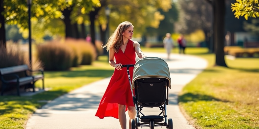 Generate a vibrant scene of a woman in a red dress pushing a stroller while walking alongside an older woman in a casual outfit on a sunny park path, with soft focus for a warm atmosphere, using a DSLR camera with a 50mm lens, aperture f/2.8, ISO 200, and a shallow depth of field.