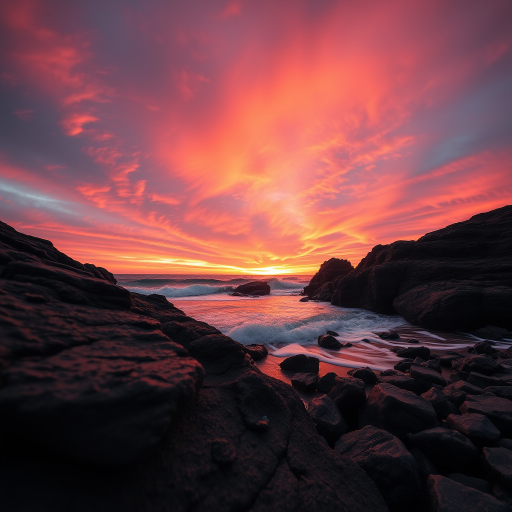 a vibrant sunset over a rocky beach with deep orange and pink skies, detailed textures of the rocks, soft waves lapping at the shore, captured with a Canon EOS 5D Mark IV, 24mm lens, f/11, ISO 100, 1/125 sec, golden hour lighting, wide-angle view, high dynamic range processing