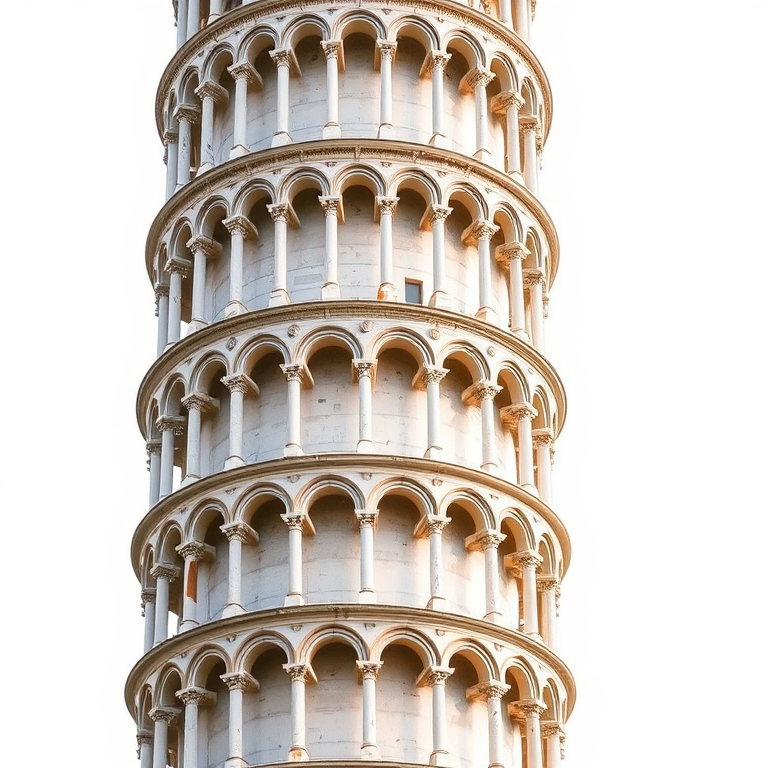 Regenerate an image of the Leaning Tower of Pisa with a high-resolution 35mm camera, f/8 aperture, 1/200 sec exposure, wide-angle lens, and a focus on capturing the intricate architectural details against a plain white background.