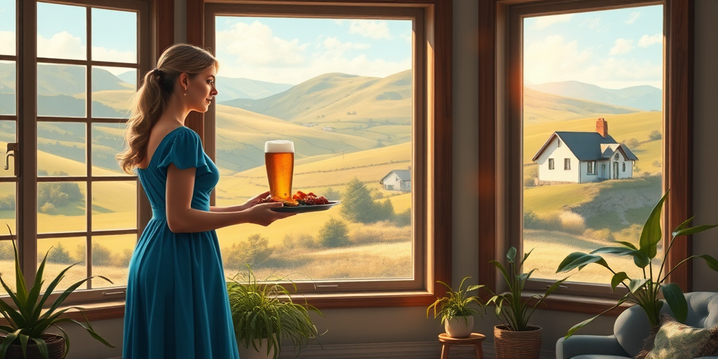 In "A Glass of Beer on the Highland," a serene scene is depicted in a sunlit room where a woman in a vibrant blue dress stands by a large window. She holds a tray with a hearty meal and a frothy glass of beer, embodying a moment of relaxation. Outside, the breathtaking highland landscape features rolling green hills and a charming traditional house, all bathed in warm afternoon light. The interior is adorned with potted plants, creating a harmonious blend of comfort and nature. The painting beautifully captures the tranquility and joy found in simple pleasures amidst stunning scenery