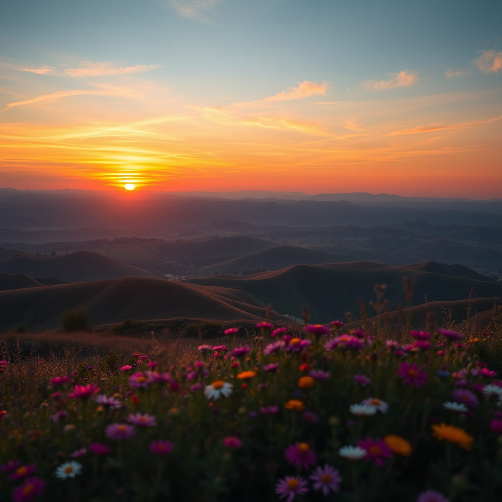 Create a high-resolution image of a scenic landscape featuring a vibrant sunset over rolling hills with a foreground of wildflowers, captured with a Canon EOS R5, 50mm f/1.2 lens, ISO 100, aperture f/8, shutter speed 1/250s, wide-angle view, and a soft focus effect for a dreamy quality.
