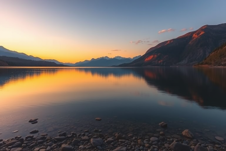 Create a high-resolution image of a serene landscape featuring a calm lake surrounded by mountains at sunrise, using a Canon EOS R5 camera with a 24mm f/1.4 lens, aperture set to f/8, ISO 100, shutter speed 1/125 sec, captured from a low angle view for depth and clarity.