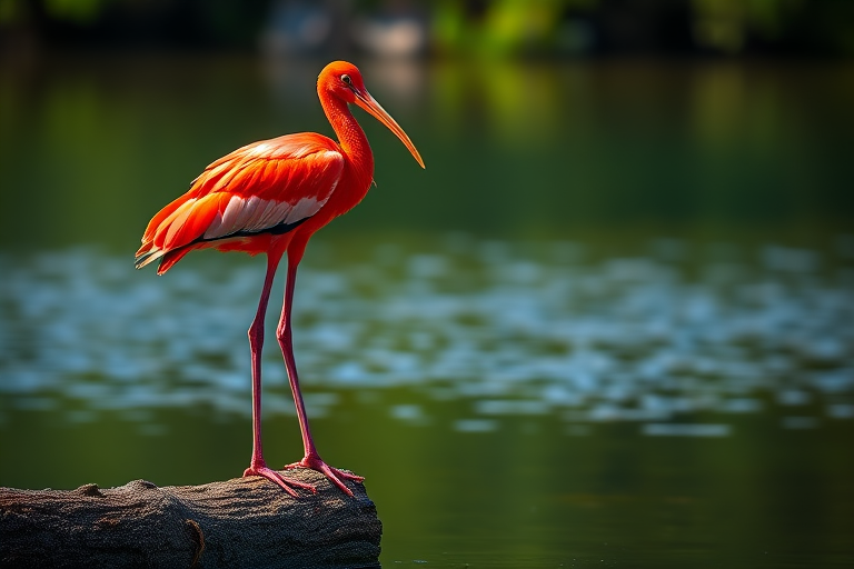 Capture a vibrant scarlet ibis standing on a log near a tranquil water surface, shallow depth of field, natural lighting, ISO 200, f/2.8, 1/200s, using a DSLR camera with a 50mm lens.