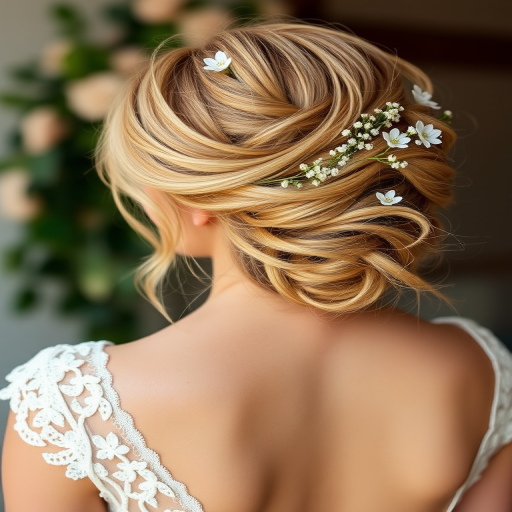 Radiant honey blonde beauty with a romantic, loose updo adorned with delicate flowers, perfect for a bohemian wedding look