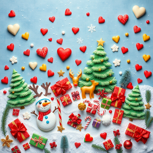 Generate a colorful Christmas-themed illustration filled with festive elements like snowmen, reindeer, Christmas trees, hearts, and gifts, captured with a DSLR camera at f/4, 24mm lens, ISO 100, in a top-down view for a flat lay style and high-resolution output.