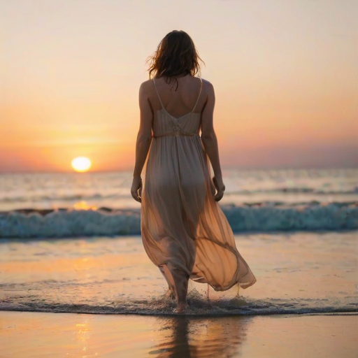 Soft-focus image of a woman in a flowy dress walking barefoot on a deserted beach at sunset, soft golden light reflecting off the water, with gentle waves lapping at the shore.
