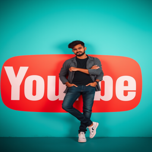 Create an image of a stylized person leaning casually against a large YouTube logo on a vibrant teal background with a shallow depth of field, using a DSLR camera at f/2.8, ISO 100, 50mm lens, and soft lighting for enhanced clarity and vibrant colors.