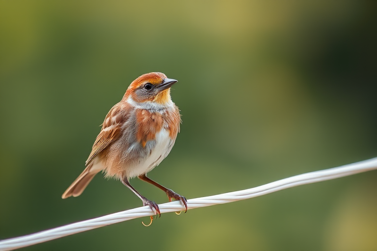 capture a clear, close-up image of a brown bird perched on a white wire using a DSLR camera with a 50mm lens, aperture f/2.8, shutter speed 1/250s, ISO 200, natural lighting to enhance detail and texture while maintaining a soft background blur