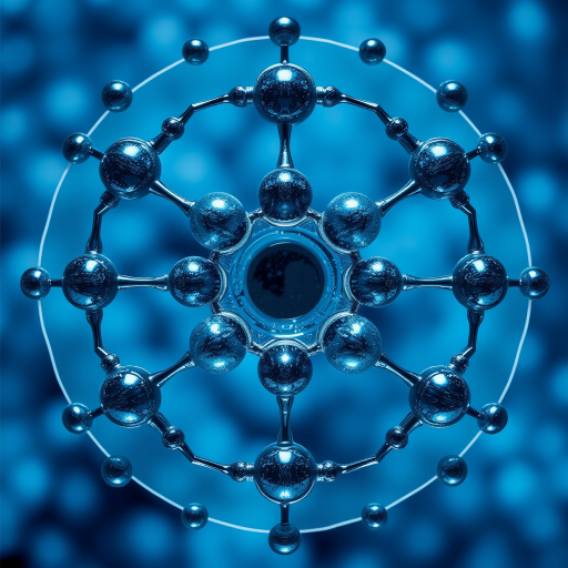 Regenerate an abstract molecular structure image with interconnected hexagons and circles in varying shades of blue; use a Canon EOS R5 camera, 50mm lens, aperture f/8, ISO 100, natural lighting, top-down view for enhanced clarity and quality.