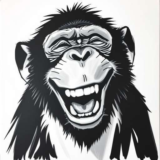 Abstract black and white acrylic portrait of an over exaggerated laughing (monkey). Minimalism style. White background.