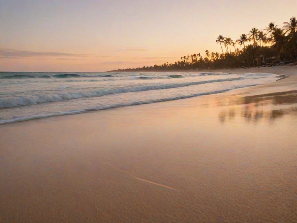 Soft-focus image of a beach at sunset, waves gently lapping at the shore, with soft golden light reflecting off the sand and distant palm trees swaying in the evening breeze.