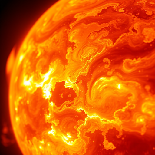 Generate a vibrant close-up image of a fiery sun with swirling textures, in ultra-high-definition, using a DSLR camera with a 50mm lens, aperture set to f/1.8, ISO 100, and a high dynamic range setting for enhanced detail and color contrast.