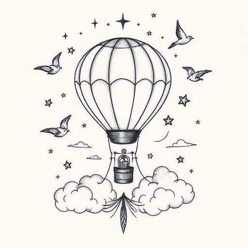 Illustrative fine line tattoo called "Whimsical Wanderlust" showcasing a detailed hot air balloon floating among clouds, birds, and celestial elements with thin, precise lines