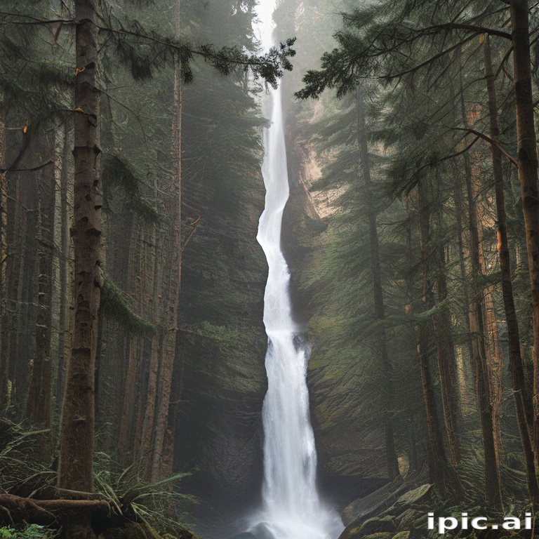 Majestic Waterfall Cascading Through Lush Forest in a Misty Atmosphere