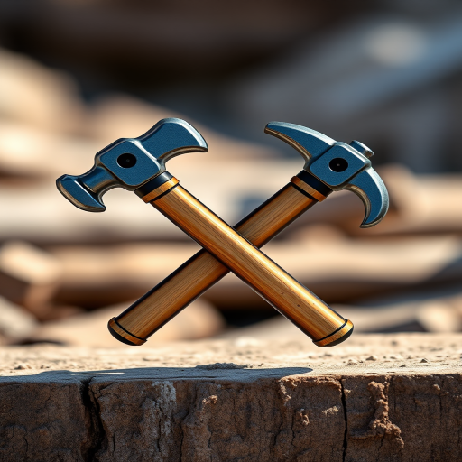 Create a high-resolution image of a crossed hammer and pickaxe icon, with a glossy finish, captured with a 50mm lens at f/2.8, ISO 100, using a full-frame DSLR in natural light for enhanced detail and clarity.