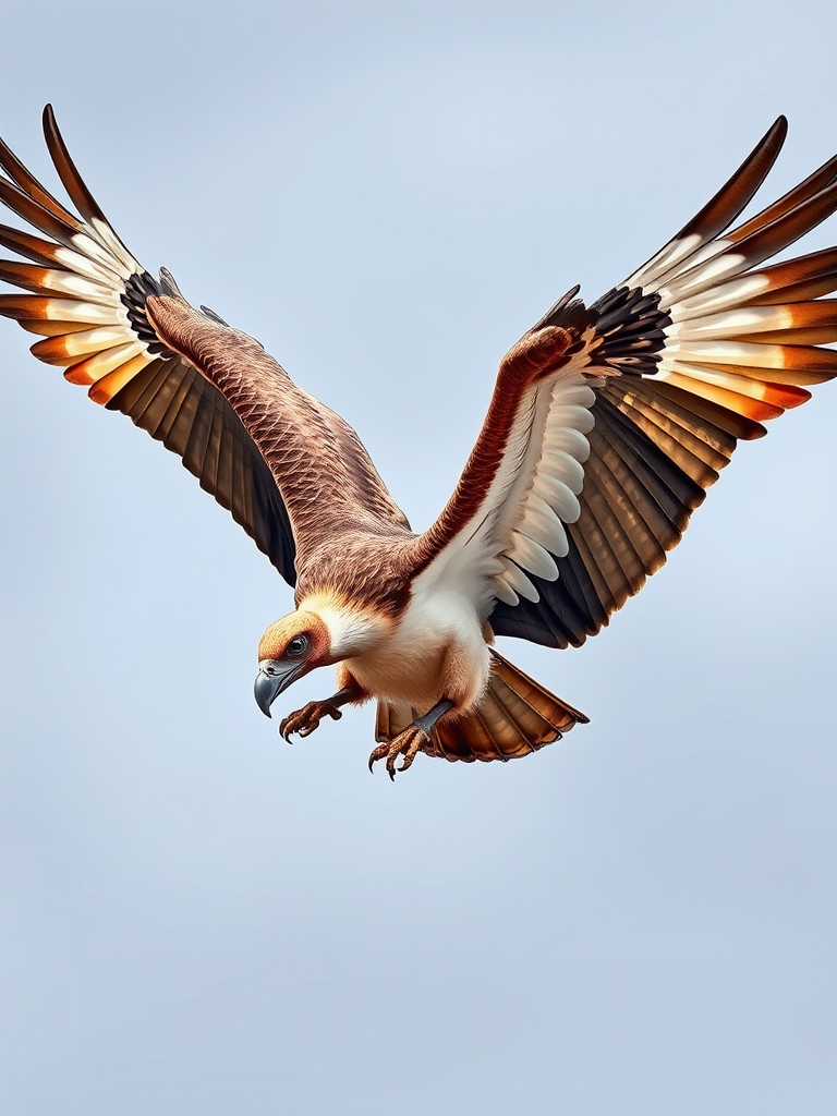 Create a detailed illustration of a majestic griffon vulture in mid-flight with its wings fully spread, high-resolution, using a DSLR camera with a 50mm lens, f-stop set to f/2.8, ISO 100, soft lighting to enhance colors and textures, shot from a low angle to emphasize the bird's grandeur.