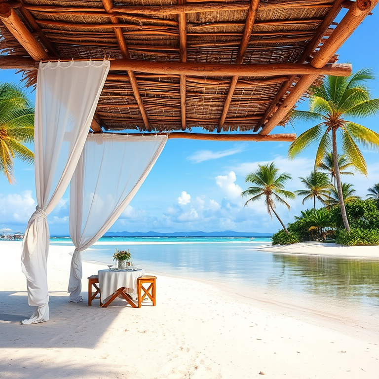 Create a picturesque tropical beach scene featuring a serene, white sandy shore. In the foreground, there's a rustic wooden canopy with white drapes gently flowing in the breeze. Underneath the canopy, a table is set with tropical decor, evoking a sense of relaxation and leisure. The beach extends into a calm, shallow water area with reflections of the sky and surroundings. Palm trees and lush greenery line the edge of the beach, providing a natural, tropical backdrop. The sky is clear with a few scattered clouds, and the overall atmosphere is tranquil and inviting, perfect for a peaceful retreat.