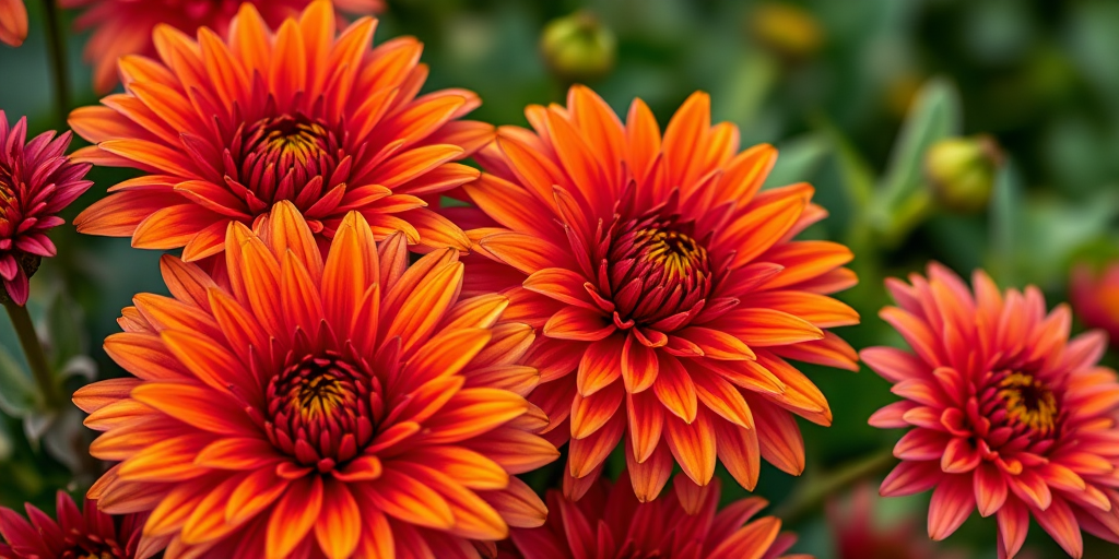 close-up shot of vibrant orange and purple chrysanthemums in full bloom, f/2.8, ISO 100, 1/200s, taken with a Nikon D850, natural light, macro lens