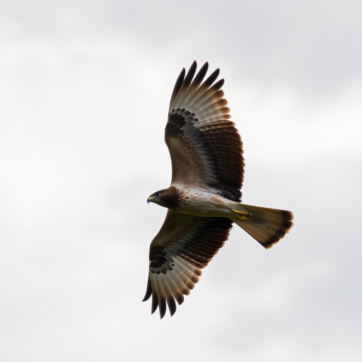 Capture a high-resolution image of a hawk in mid-flight against a cloudy sky, using a Canon EOS-1D X Mark III, 400mm lens, f/5.6 aperture, ISO 400, shutter speed 1/2000s, focus mode AI Servo, with a slightly upward camera angle to emphasize the bird's wingspan.