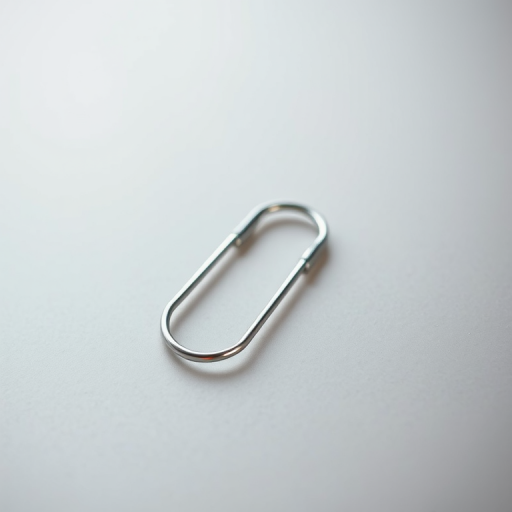 Create an image of a paperclip lying on a smooth surface with a shallow depth of field, using a 50mm lens at f/2.8, ISO 100, 1/200 sec exposure, captured from a top-down view with soft natural lighting to highlight the metallic texture.