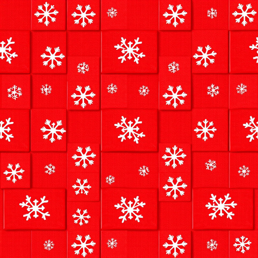 Create a seamless pattern featuring a grid of red squares with white snowflakes, shot with a DSLR camera at f/8 aperture, ISO 200, 50mm lens, overhead view, in high resolution.