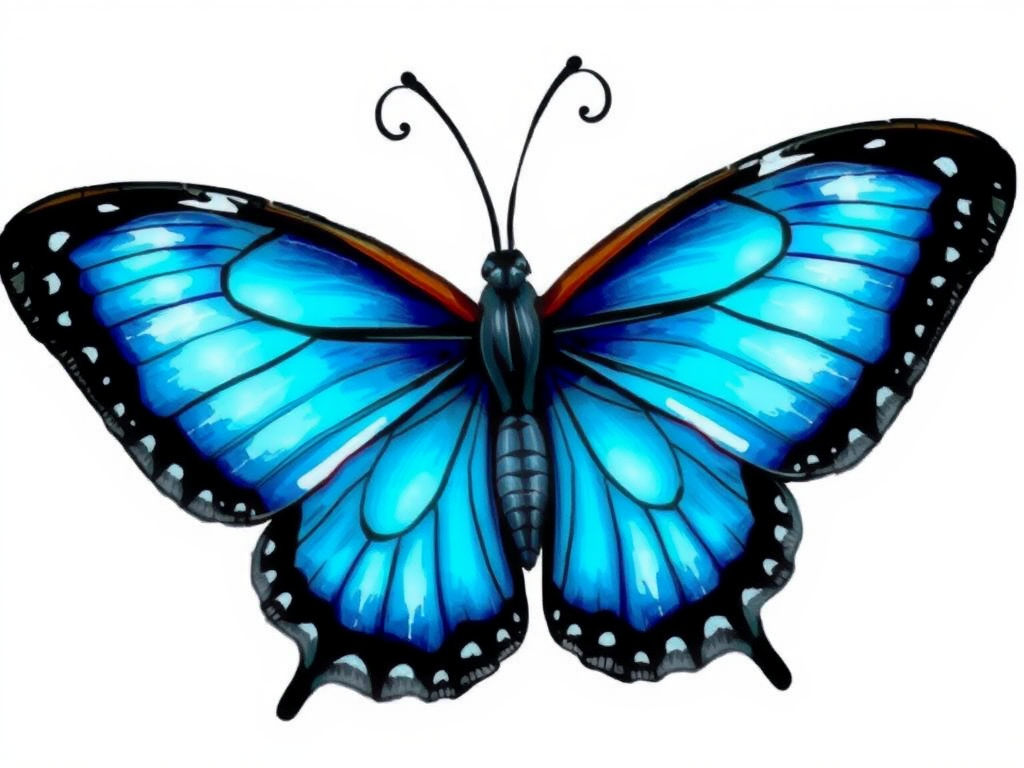 Create a detailed illustration of a butterfly with vibrant blue wings, featuring intricate black patterns along the edges and delicate white spots. The butterfly should be depicted in a symmetrical pose, showcasing its full wingspan against a plain white background.