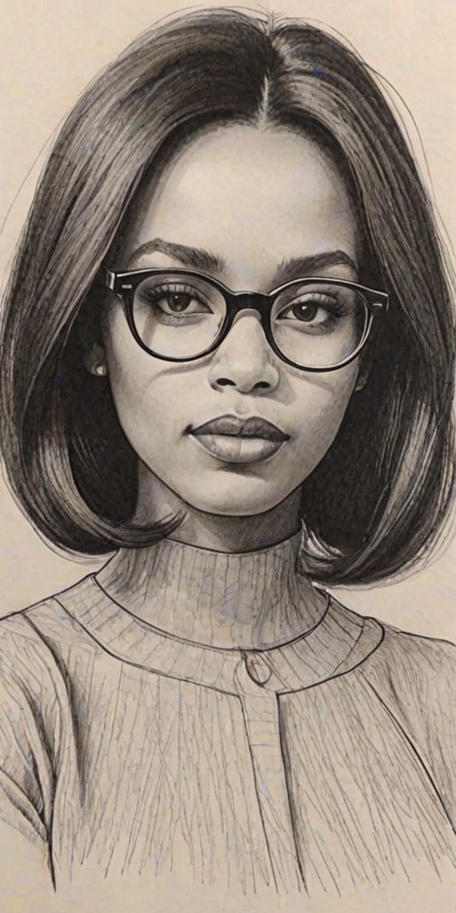 Sublime Zoe Mthiyane, pencil sketch, portrait of Bewitching woman 1963s in glasses, hair style beatnik, outline, clear lines, fine lines, 8k