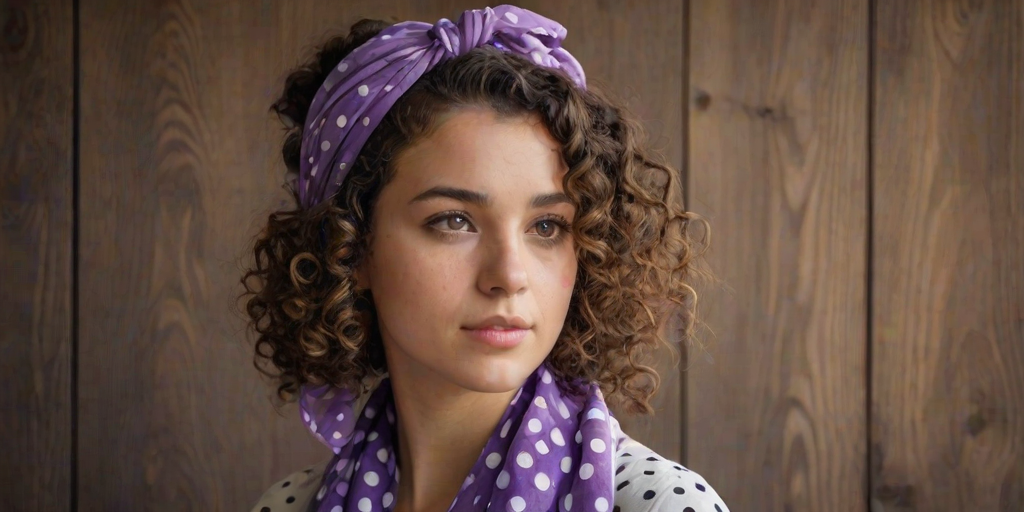 portrait of a young woman with curly hair wearing a purple headscarf, looking thoughtfully over her shoulder, soft warm lighting, wooden background, stylish polka dot dress