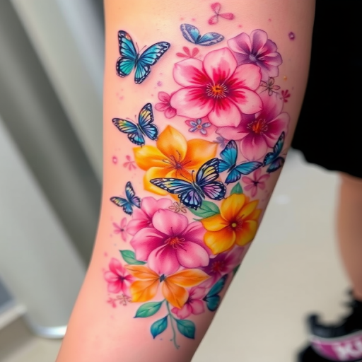 Vibrant watercolor tattoo named "Prismatic Bloom" featuring a cascade of rainbow-hued flowers intertwined with delicate butterflies, flowing seamlessly across the skin with soft edges and translucent overlays