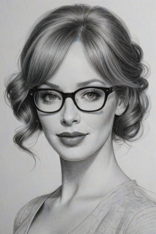 Charming Christina Hendricks, pencil sketch, portrait of Wonderful woman 1952s in glasses, hair style beatnik, outline, clear lines, fine lines, 8k