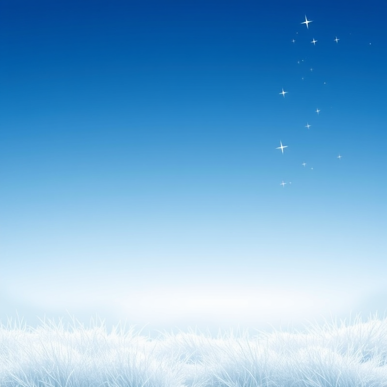 Create a serene winter scene with a gradient sky transitioning from deep blue at the top to a lighter blue near the horizon. Include soft, white grass-like textures at the bottom, with sparkling stars scattered throughout the sky. The overall mood should be calm and peaceful, evoking a sense of tranquility and winter beauty.