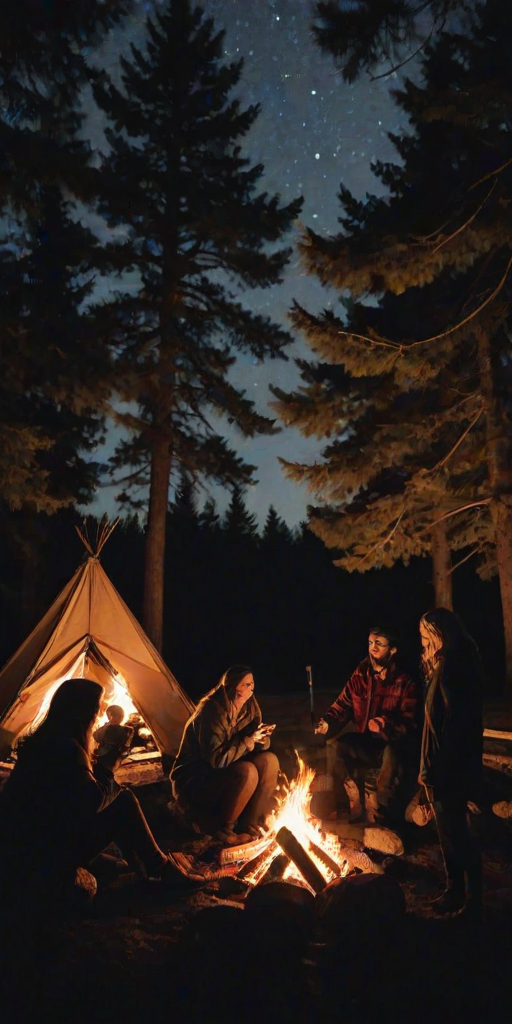 Group of friends gathered around a campfire under a starlit sky, roasting marshmallows, sharing stories, and wrapped in cozy blankets, with trees silhouetted against the glowing embers.