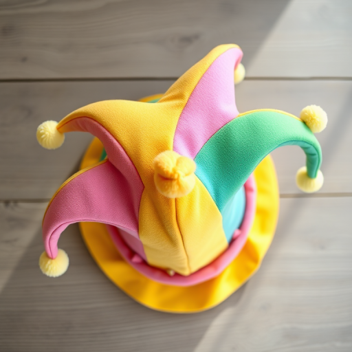 Create a colorful jester hat with a playful design featuring pastel colors like pink, yellow, blue, and green, shot with a DSLR camera at f/2.8, ISO 100, 50mm lens, top-down view, with soft natural lighting to enhance vibrancy and detail.