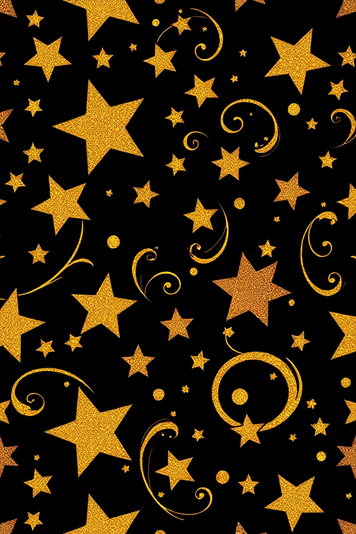 Create a seamless pattern of golden stars and swirls on a black background, with a macro lens setting at f/2.8, 1/60s exposure, ISO 100, using a DSLR camera in high-resolution mode.