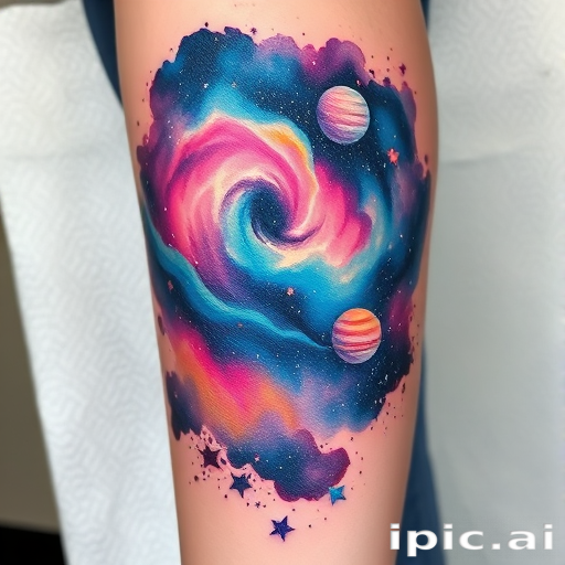Cosmic watercolor galaxy tattoo dubbed "Nebula Dreams" depicting a vibrant space scene with swirling nebulae stars and planets blending seamlessly into the skin soft washes of color create depth and dimension while white ink highlights add a sparkling quality to the celestial design
